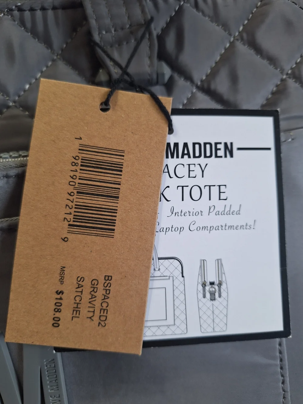 Steve Madden Quilted Gray Laptop Tote